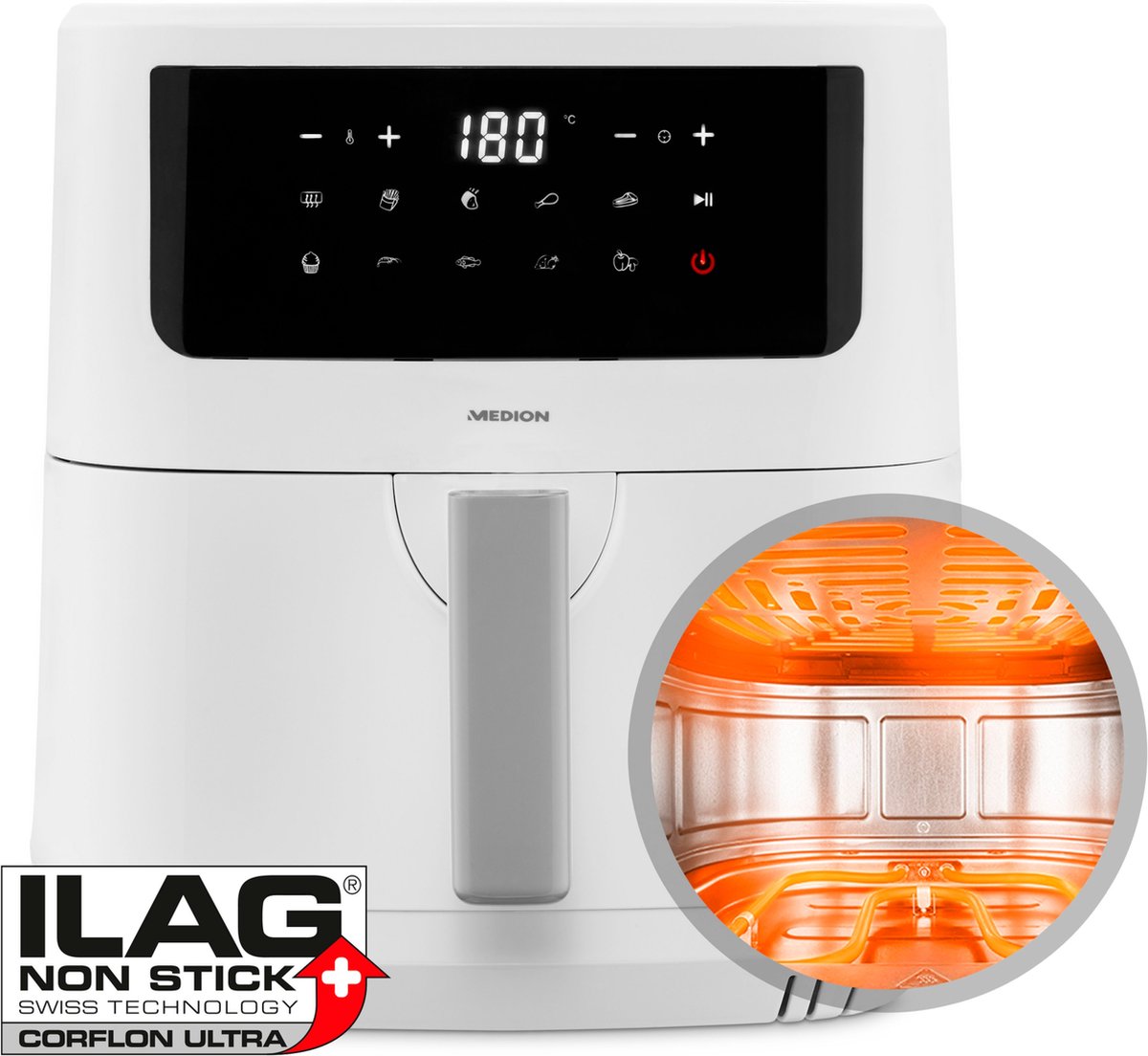 Medion P10 Airfryer XXL - Heteluchtfriteuse XXL - Frituurmand 68 liter - Hetelucht Oven - 2150 Watt - 9 automatische programma's - Wit