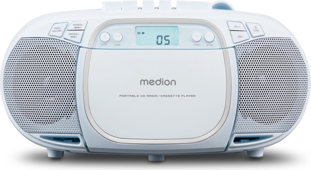 MEDION E66476 Stereo Sound Systeem (Boombox, CD-speler, MP3, cassette, draagbare cassettespeler voor kinderen, FM-radio, AUX, hoofdtelefoon, netstroom & batterij), wit