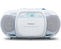 MEDION E66476 Stereo Geluidssysteem (boombox, CD-speler, MP3, cassette, draagbare cassettespeler voor kinderen, FM-radio, AUX, hoofdtelefoon, netvoeding & batterij) blauw