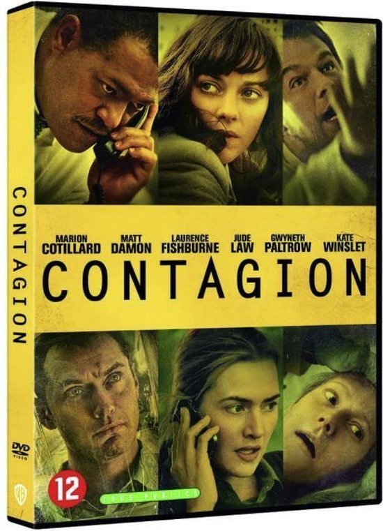 DVD-hoes van 'Contagion' met acteurs Marion Cotillard, Matt Damon, Laurence Fishburne, Jude Law, Gwyneth Paltrow en Kate Winslet. Geel met zwarte letters.