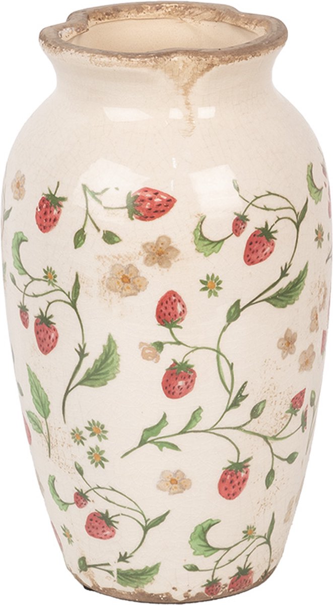 Clayre & Eef Vaas Ø 16x27 cm Beige Rood Keramiek Aardbeien