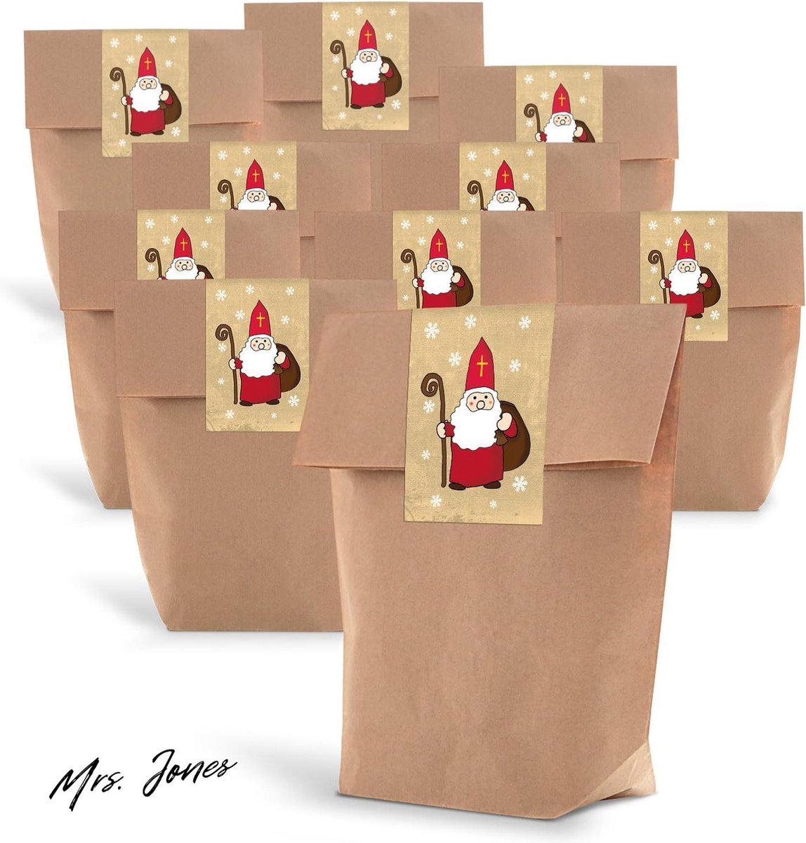 Kerstmanzakjes met speels design en Mrs. Jones logo, ideaal voor Sinterklaas cadeaus in verschillende maten.