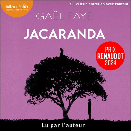 Book cover Jacaranda van Gaël Faye, met een silhouet van een boom en twee mensen. Grote letters 'Jacaranda'.