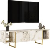 Meuble TV 2 portes et 2 étagères - Effet marbre Wit et doré - DERANA L 160 cm x H 47,6 cm x P 40 cm