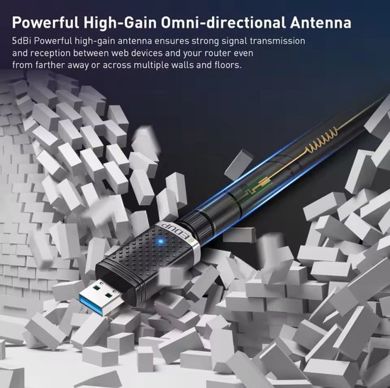 Een EDUP wifi-adapter door een muur van gebroken stenen. De 5dBi antenne zorgt voor sterke signaaloverdracht.