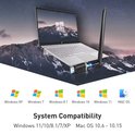 Een laptop met een EDUP wifi-adapter, geplaatst op een berglandschap. Symbool voor systeemcompatibiliteit: Windows XP, 7, 8.1, 10, 11 en MAC OS.