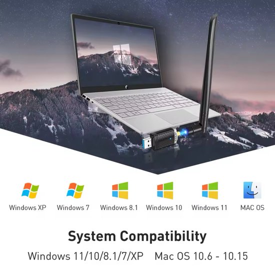 Een laptop met een EDUP wifi-adapter, geplaatst op een berglandschap. Symbool voor systeemcompatibiliteit: Windows XP, 7, 8.1, 10, 11 en MAC OS.