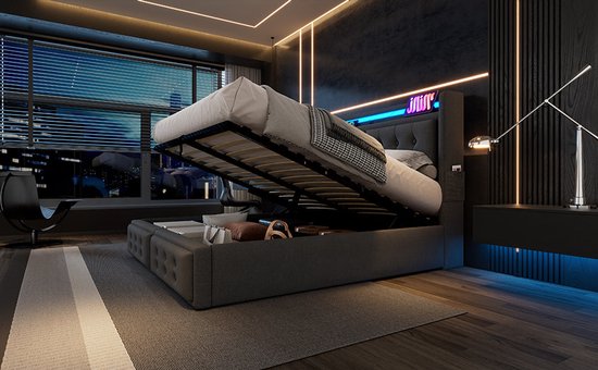 Lit double Merax 160x200 cm avec tête de lit LED et fonction de charge USB-C - Lit hydraulique avec sommier à lattes et espace de rangement - Matelas inclus - Grijs