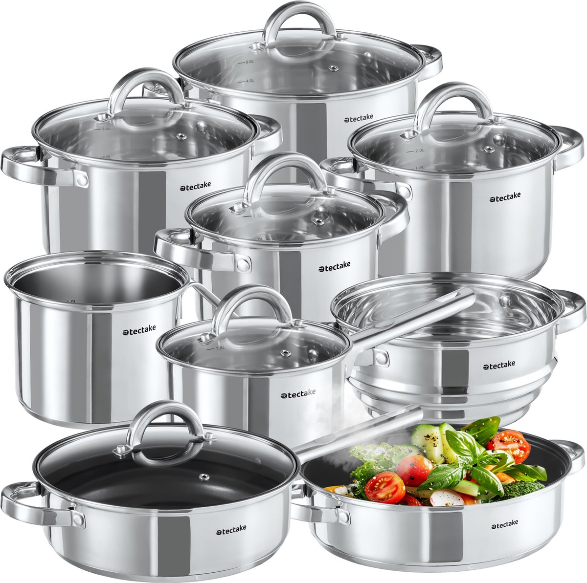 tectake® 15-delige Kookpannenset - Kookpottenset - Kookpan - Steelpan met Anti-aanbaklaag - Koekenpan - RVS Pannen - Pannenset - Voor Inductie en Gasfornuis - Kookpotten met Glazen Deksel, Stoomafvoer en Spiraalbodem - Vaatwasserbestendig