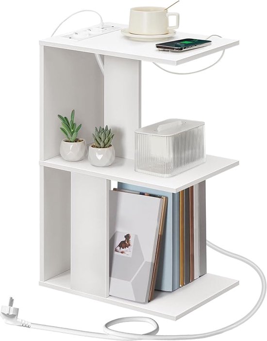 MAHANCRIS Salontafel Met Laadstation, C-Vormige Bijzettafel Met Oplaadbaar LED-sensorlicht, Bankbijzettafel Met Planken, Voor Slaapkamer, Woonkamer