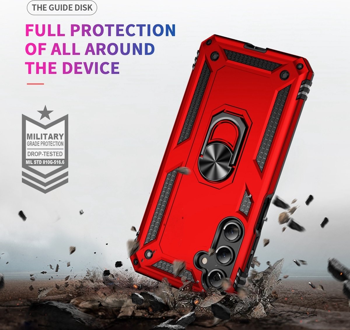 Mobigear Hoesje geschikt voor Samsung Galaxy A16 Telefoonhoesje Hardcase | Mobigear Armor ring Backcover Shockproof met Ringhouder | Schokbestendig Galaxy A16 Telefoonhoesje | Anti Shock Proof - Rood