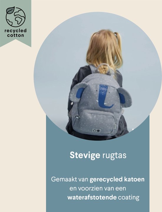 Grijze rugzak van gerecycled katoen met olifantenprint, in een cirkel.