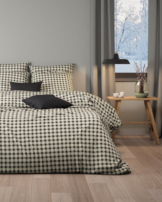 Mistral Home - DEKBEDOVERTREK - flanel - 140 x 200 cm + 65 x 65 cm - eenpersoons - ruiten - grijs