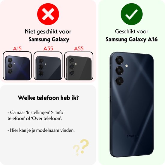Diagramme indiquant que la coque convient au Samsung Galaxy A16, mais pas aux A15, A35, A55.