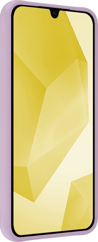 Lila telefoonhoesje, voorkant zichtbaar, met gele schermachtergrond.