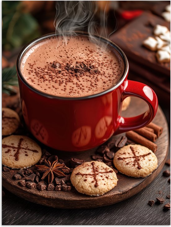 Poster 90x120 cm - Chocolademelk - Mok - Winter - Kerst - Gezelligheid - Posters - Kamer decoratie - Wanddecoratie woonkamer - Muurdecoratie slaapkamer - Kerstversiering - Kerstdecoratie voor binnen - Kerstmis