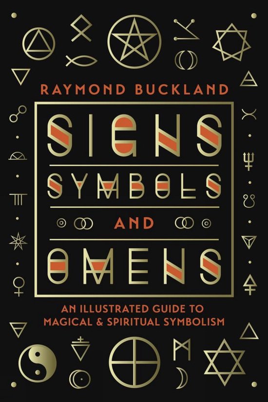 Boekomslag met gouden lijnen en symbolen. Titel: Signs, Symbols and Omens, An Illustrated Guide to Magical & Spiritual Symbolism.