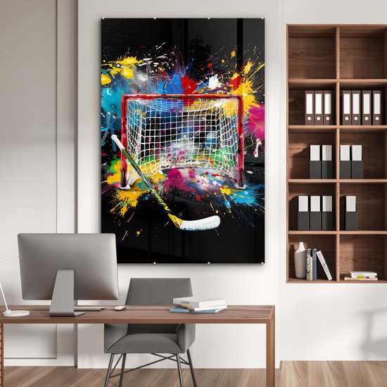 MuchoWow® Glasschilderij 100x150 cm - Schilderij acrylglas - Graffiti - Sport - IJshockey - Hockey goal - Foto op glas - Muurdecoratie woonkamer - Wanddecoratie slaapkamer - Schilderijen