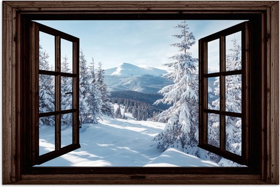 Poster 60x40 cm - Winter - Landschap - Natuur - Berg - Bomen - Doorkijk - Uitzicht - Posters - Kamer decoratie - Wanddecoratie woonkamer - Muurdecoratie slaapkamer