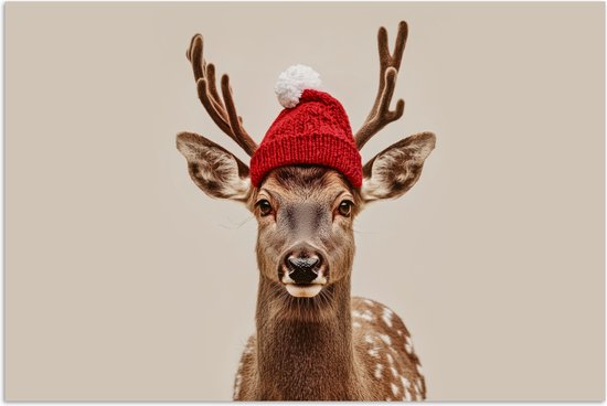 Poster 90x60 cm - Hert - Kerst - Muts - Dieren - Winter - Grappig - Posters - Kamer decoratie - Wanddecoratie woonkamer - Muurdecoratie slaapkamer - Kerstversiering - Kerstdecoratie voor binnen - Kerstmis