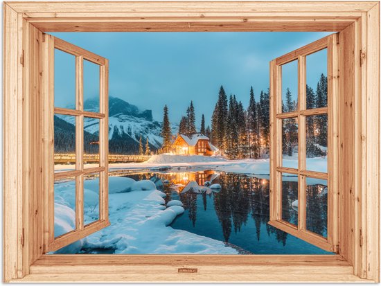 Poster 80x60 cm - Winterlandschap - Natuur - Huis - Bergen - Doorkijk - Raam - Posters - Kamer decoratie - Wanddecoratie woonkamer - Muurdecoratie slaapkamer