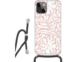 Telefoonhoesje Geschikt voor iPhone 13 Mini - Bloemen - Patroon - Roze - Wit - Siliconen - Crossbody - Backcover met Koord - Telefoonhoesje met koord - Hoesje met touw Telefoonhoesje