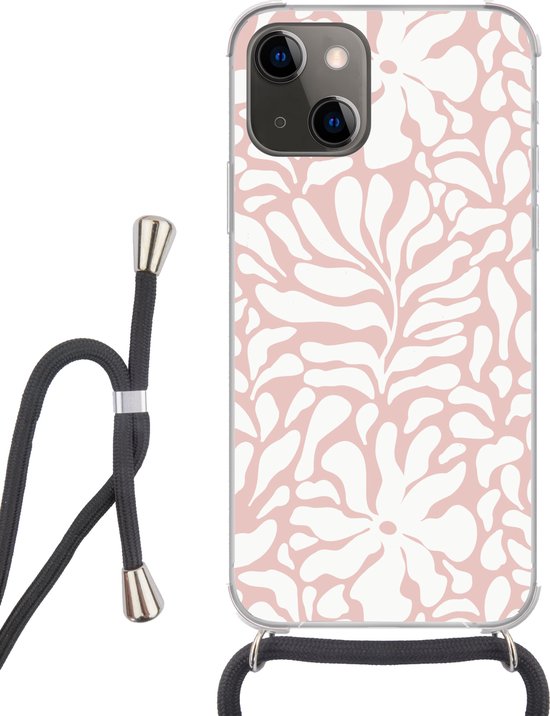 Telefoonhoesje Geschikt voor iPhone 13 Mini - Bloemen - Patroon - Roze - Wit - Siliconen - Crossbody - Backcover met Koord - Telefoonhoesje met koord - Hoesje met touw Telefoonhoesje