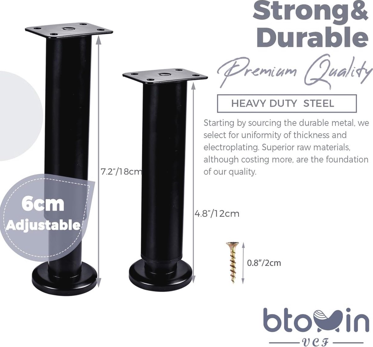 NCRGB Meubelpoten, 4 stuks, metaal, 12-18 cm, verstelbare zwarte meubelpoten, instelbare hoogte 0-40 mm, belastbaar tot 800 kg, meubelpoten voor televisiekast, bank, leerstoel, badkamerkast (met schroevendraaier