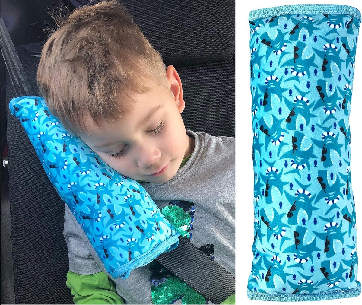 auto slaapkussen voor kinderen - machine wasbaar - zacht autogordelkussen, gordelbeschermer, gordelkussen, autokussen, reiskussen, vakantie - 30x12cm (Haai)