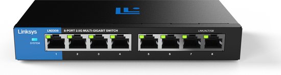 Linksys LN2308 8-poorts 2,5G multi-gigabit switch met blauwe en zwarte behuizing en groene LED-indicatoren.