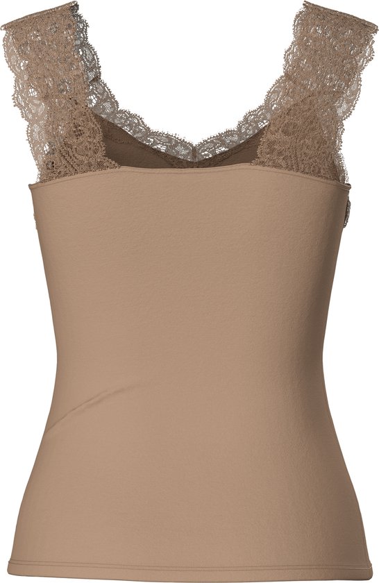 Beige hemd met dubbele kanten schouderbanden en V-hals.