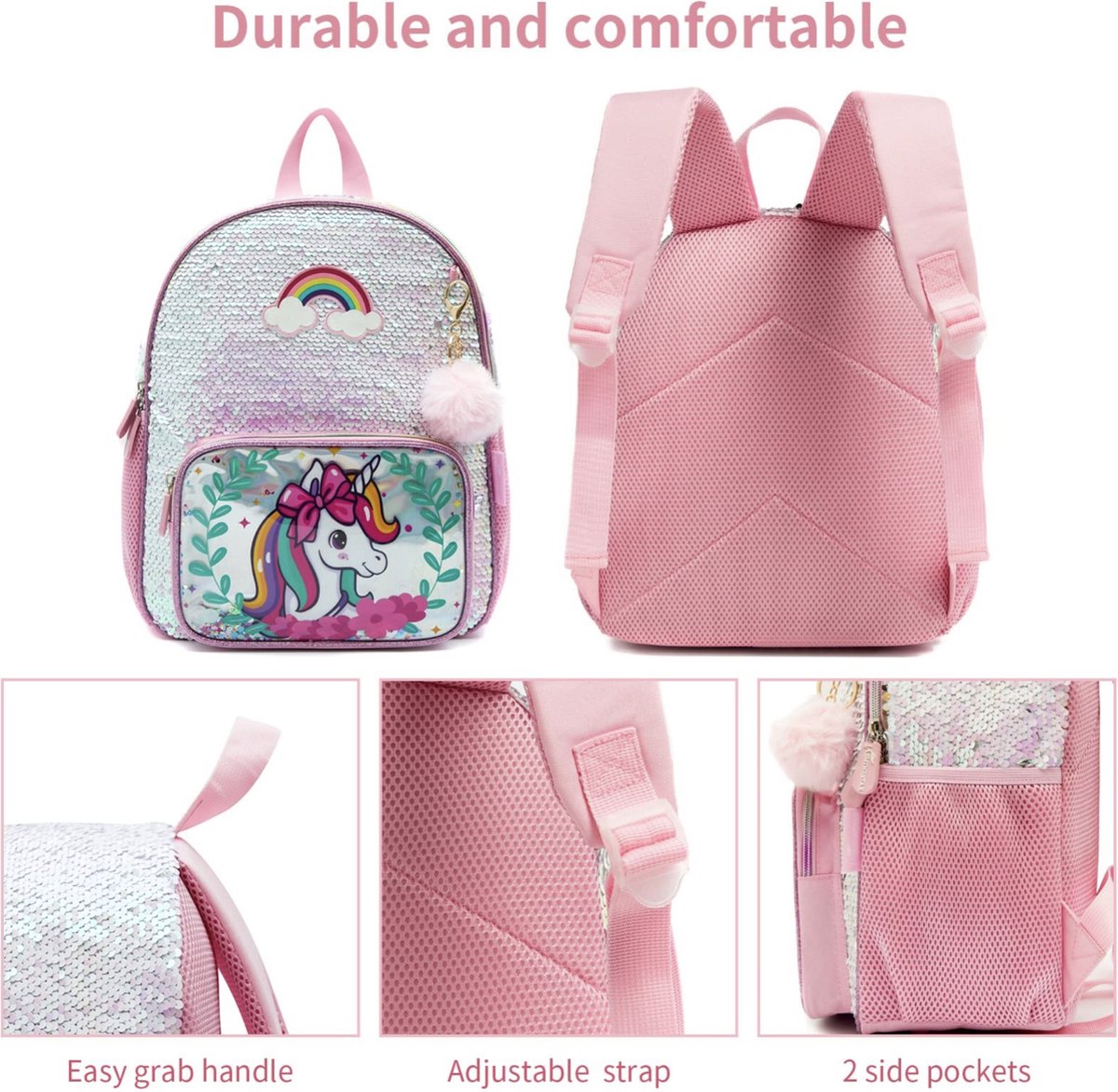 Joya Kids® Unicorn Schooltas Pailletten | Rugzak Meisje | Eenhoorn rugtas | Unicorn rugzak | Backpack meisjes | Paarse Pailletten en Glitter Tas met Etui | 33 x 26 cm | Groep 1 - 4 | 10 Liter – foto 4