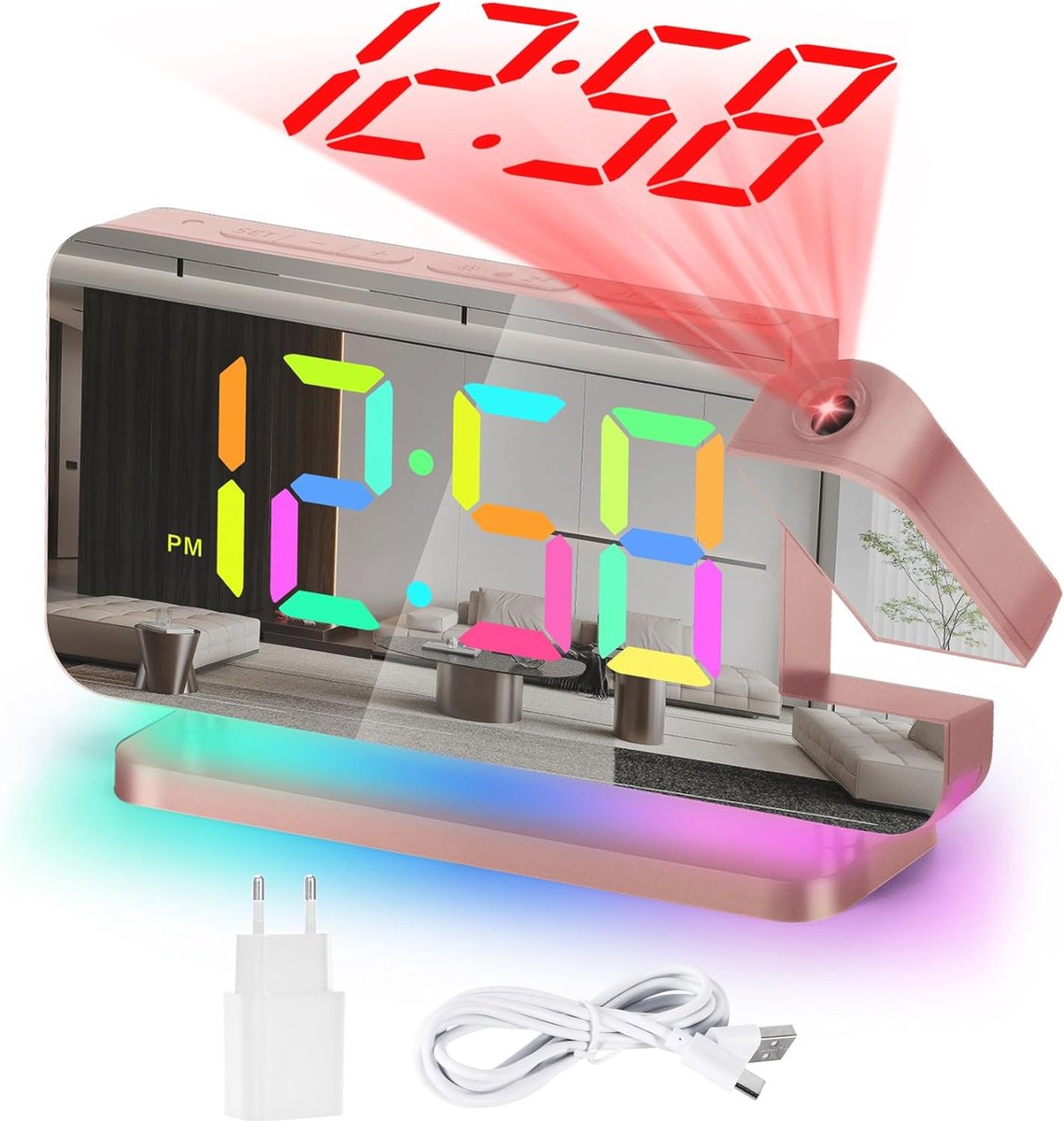 Digitale wekker met projectie en RGB-display - 7,4 inch led spiegelklok met nachtlampje en USB-oplaadport