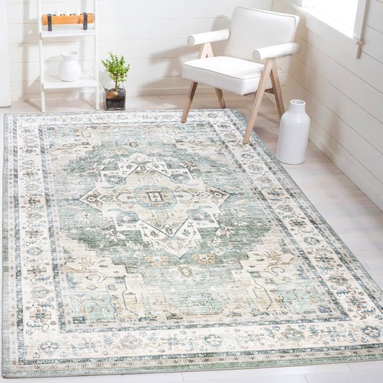Tapis Flycarpets Burano Vintage - Vert / Beige - Tapis à Poils Courts - 160x230 cm