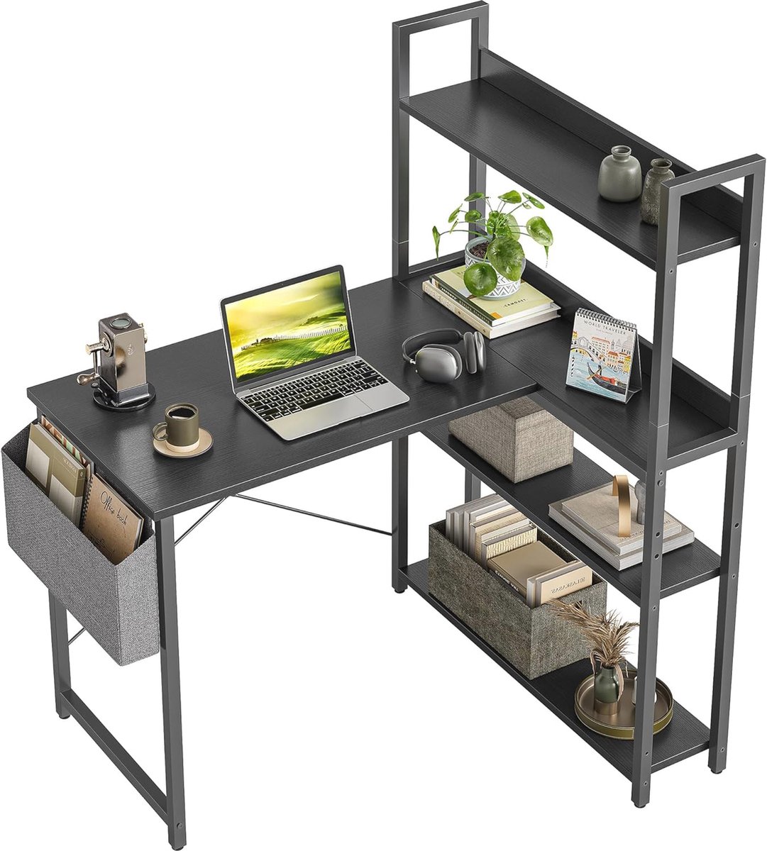 Kleine L-vormige computertafel 100 cm met opbergtas en planken voor thuiskantoor