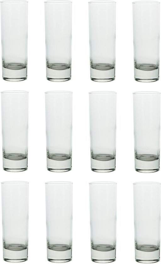 Douze verres vides, grands et élancés avec des fonds épais, disposés en trois rangées de quatre.
