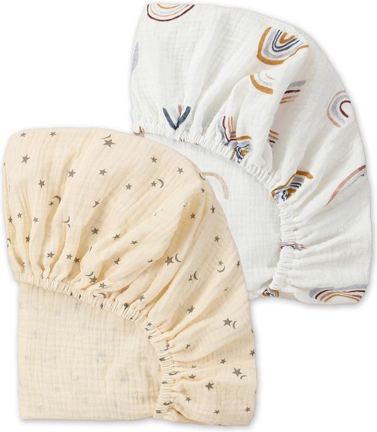 Drap Couffin 80x40cm Draps-housses Bébé Mousseline Coton - Lot De 2 - 80x40cm - Élastique 360° - Pour Couffin, Berceau, Poussette - Marron Clair Drap Housse Cododo