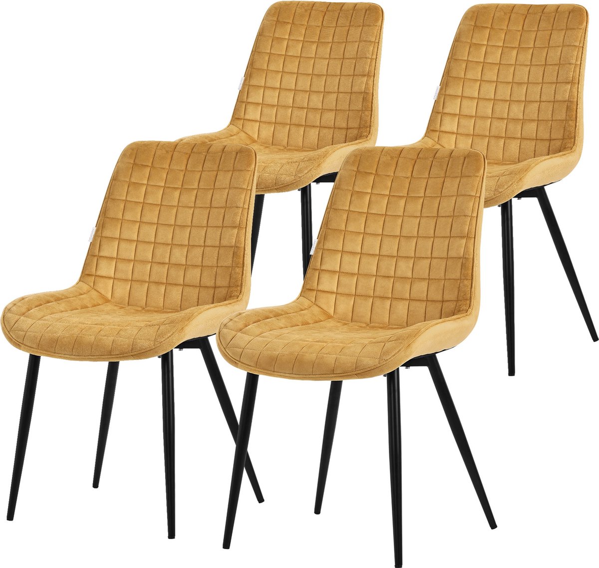 ml-design Set van 4 Eetkamerstoelen – Mosterdgele Fluwelen Zitting – Zwarte Metalen Poten – Met Rugleuning Geel