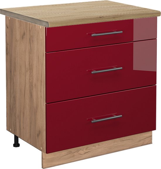 Vicco Élément bas de cuisine Fame- Line, Rouge Bordeaux brillant / Chêne doré puissant, 80 cm avec 3 tiroirs, Chêne WB