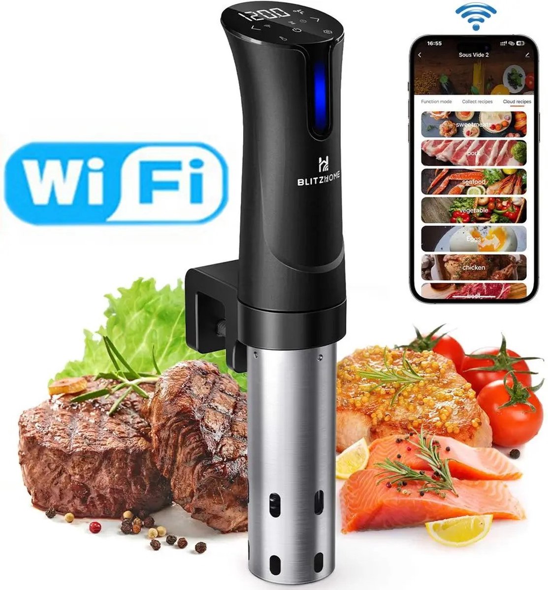 Ariqo Sous Vide Stick - Sous-vide Kokers - Sousvide Machine - Smart WiFi Keuken Apparaat - Met 30 Recepten - 1100W
