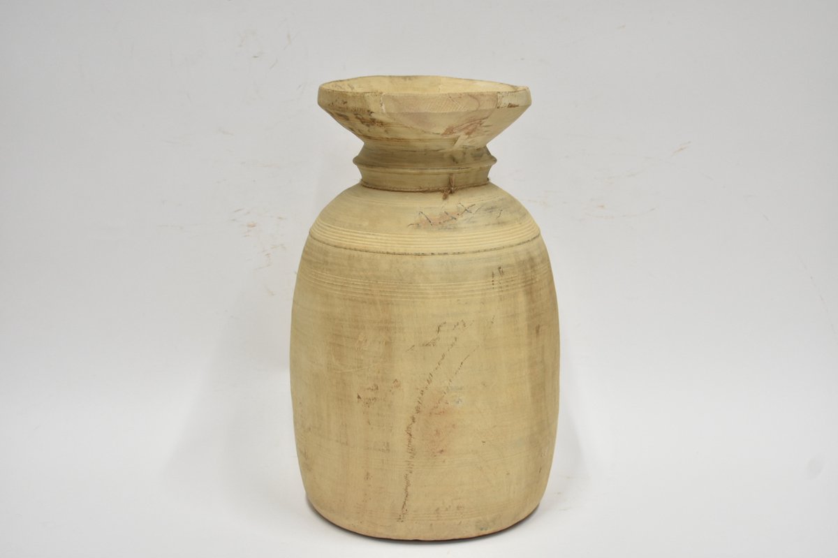 Authentieke Nepalese licht bruine houten pot / kruik XL H 39 cm - Oude Nepalese houten pot - Landelijk - robuust - sober (6)
