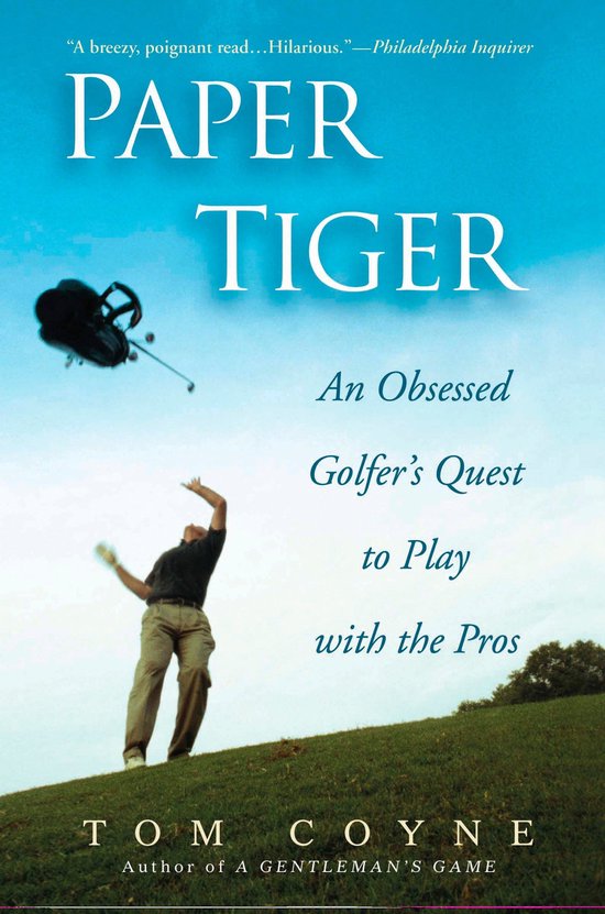 Boekomslag van 'Paper Tiger' met een golfer die zijn armen in de lucht gooit, een golfkar vliegt weg.