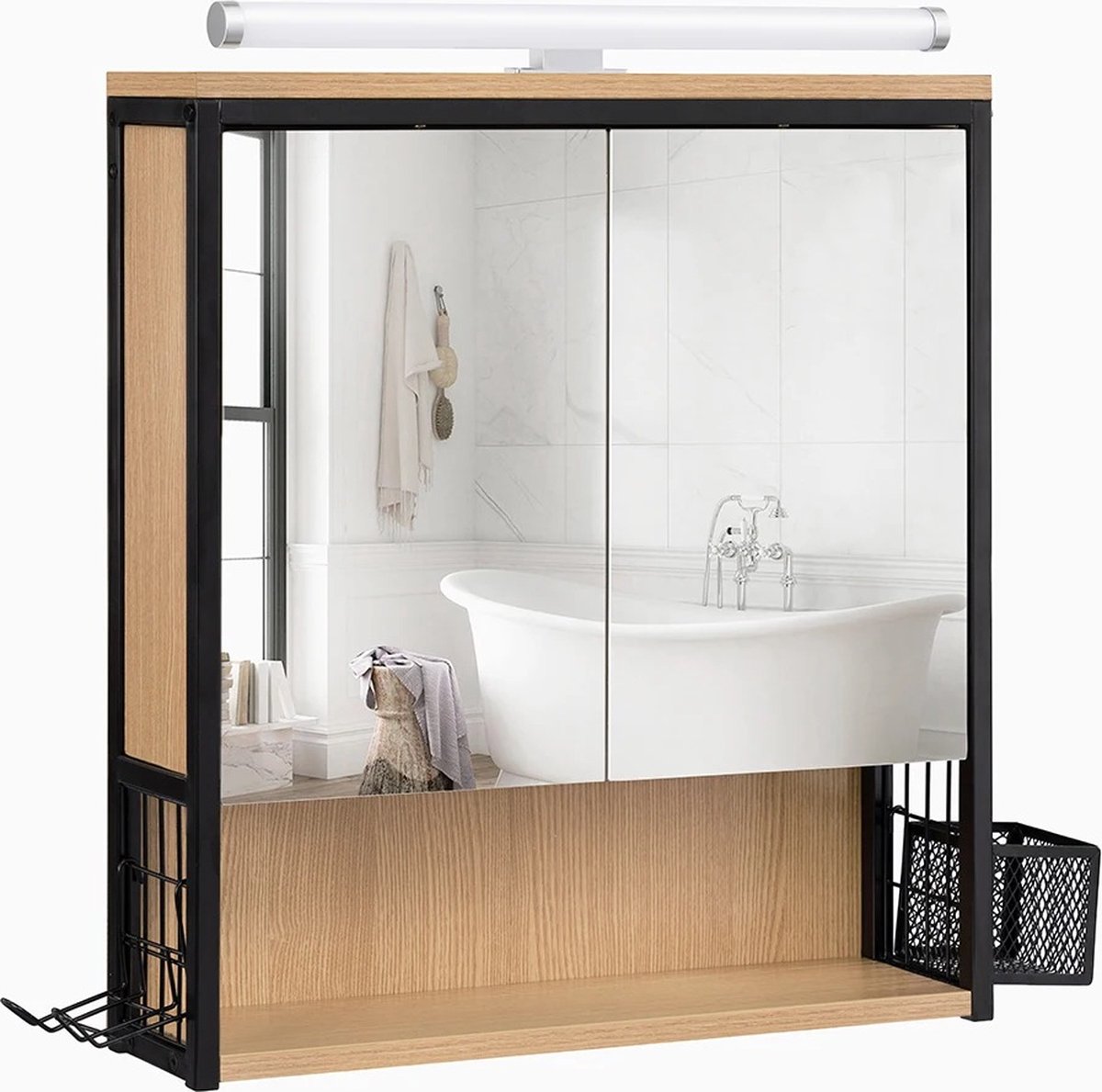 SteeFly® Badkamerwandkast met spiegel - LED-toiletkast - Verstelbare plank & Föhnhouder - Opslag - 2 Haken - IP44 Waterdicht