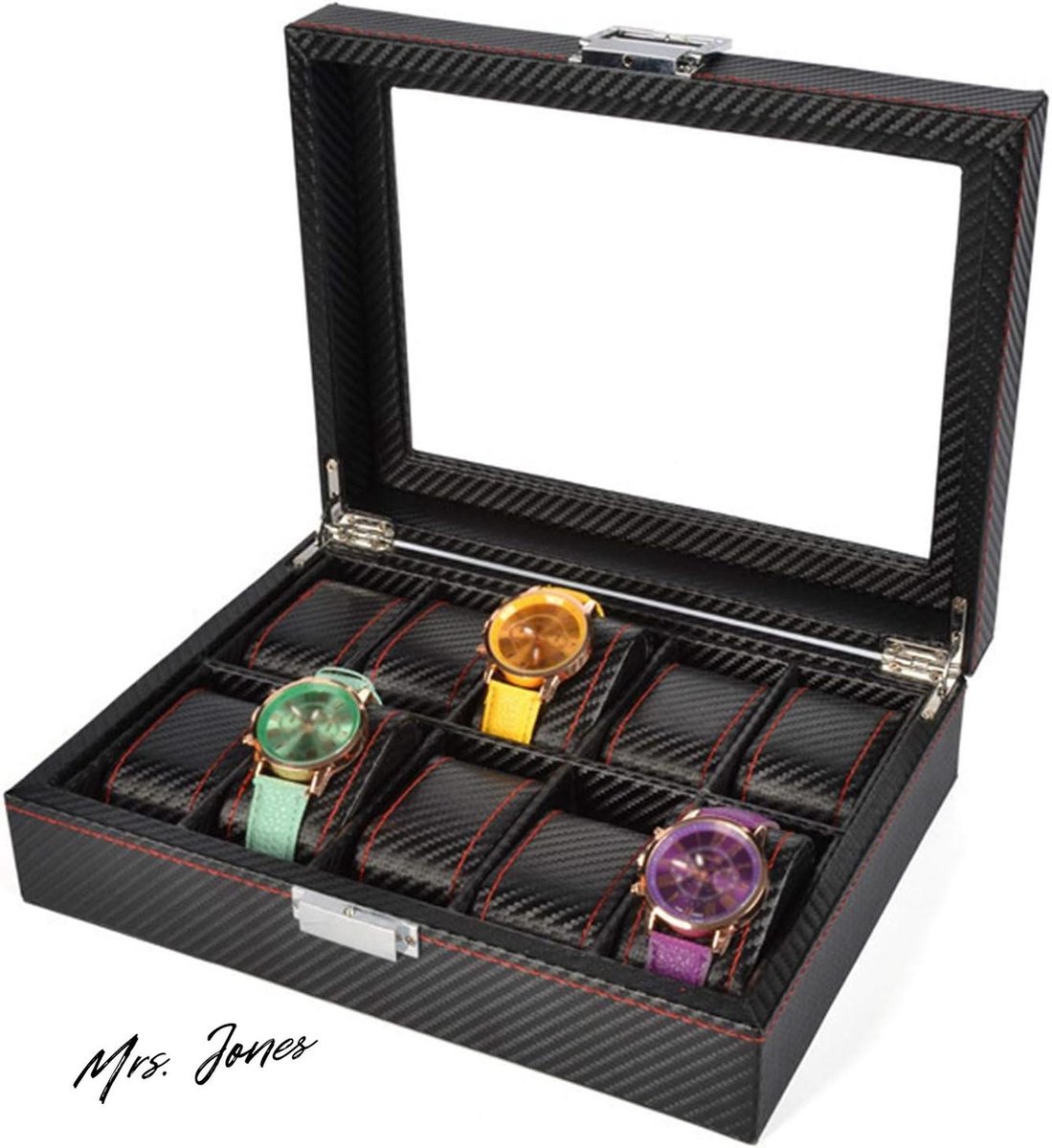 Mrs Jones Horloge Opbergdoos 10 sleuven - Horloge Display Houder Case Lederen Koolstofvezel Sieraden Armband Collectie Organizer met Glazen Deksel. .