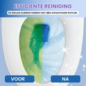 Bovenaanzicht van een wc-pot, met de linkerhelft groen en de rechterhelft blauw. Er staat 'VOOR' en 'NA'.