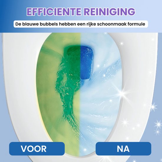 Bovenaanzicht van een wc-pot, met de linkerhelft groen en de rechterhelft blauw. Er staat 'VOOR' en 'NA'.
