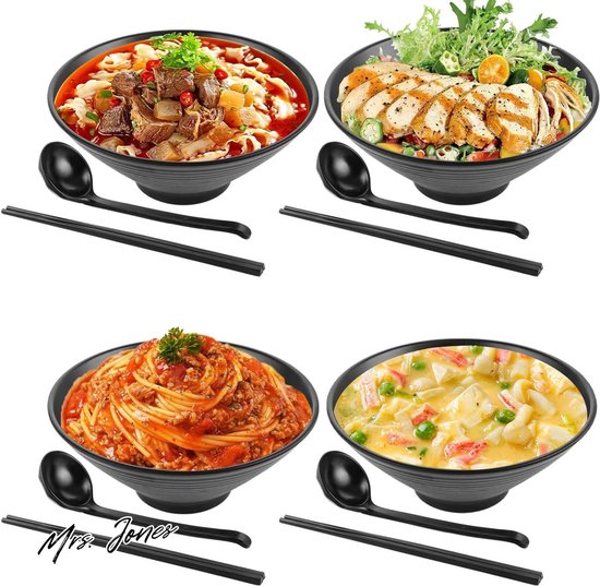 Madame Jones Set de 4 bols à ramen 1000 ml - bols à ramen avec cuillère et baguettes - pour nouilles Buldak Fenêtres Udon Nouilles chinoises Nissin Fenêtres .
