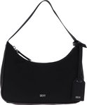 Zwarte DKNY schoudertas met zilverkleurig ritsdetail, enkele band en een losse leren label.