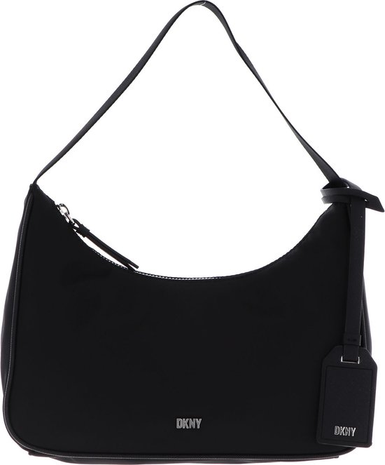 Zwarte DKNY schoudertas met zilverkleurig ritsdetail, enkele band en een losse leren label.