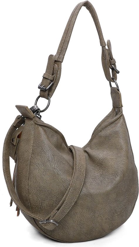 Sac hobo vert en similicuir avec une bandoulière réglable et un gland sur le côté.